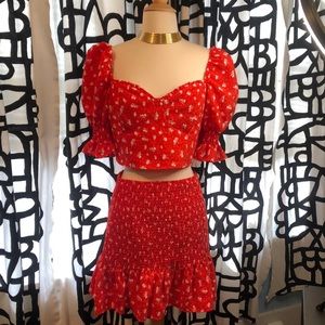 SOLD | Super Cute Red with White Floral Pattern Two Piece